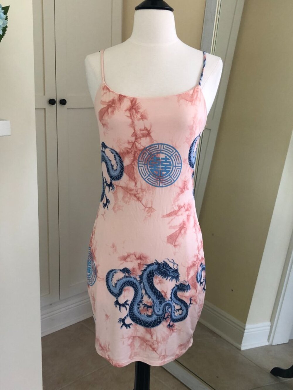 Shinestar Slip Sheath Dress Small Dragon Print Sleeveless Peach & Lavender Club
